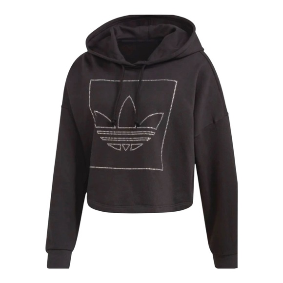 ADIDAS NWT Black Cropped Rhinestone logo Sweatshirt Hoodie Size Medium - Picture 3 of 4